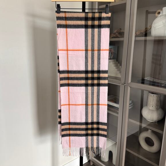 Burberry Cashmere Rectangle Scarf Pink Nova Check Fringed Edge Trim Beige Black - Picture 1 of 7